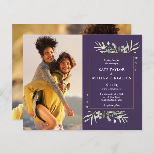 Purple Budget Greenery Photo Wedding Invitation (Front/Back)