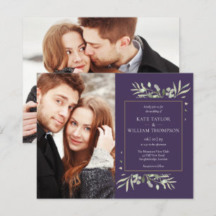 Purple Budget Greenery Photo Wedding Invitation