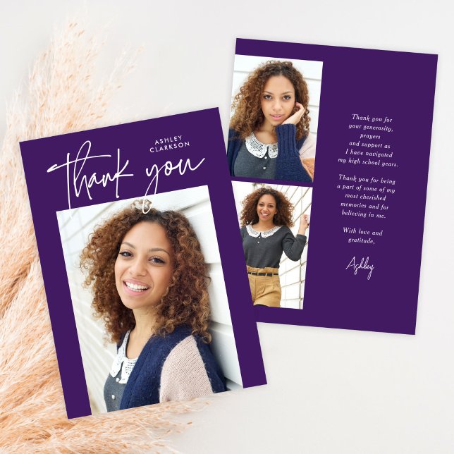 Purple Budget Modern Calligraphy Photo Graduation Thank You Card (Creator Uploaded)