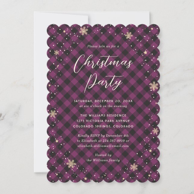 Purple Buffalo Plaid Christmas Party Invitation (Front)