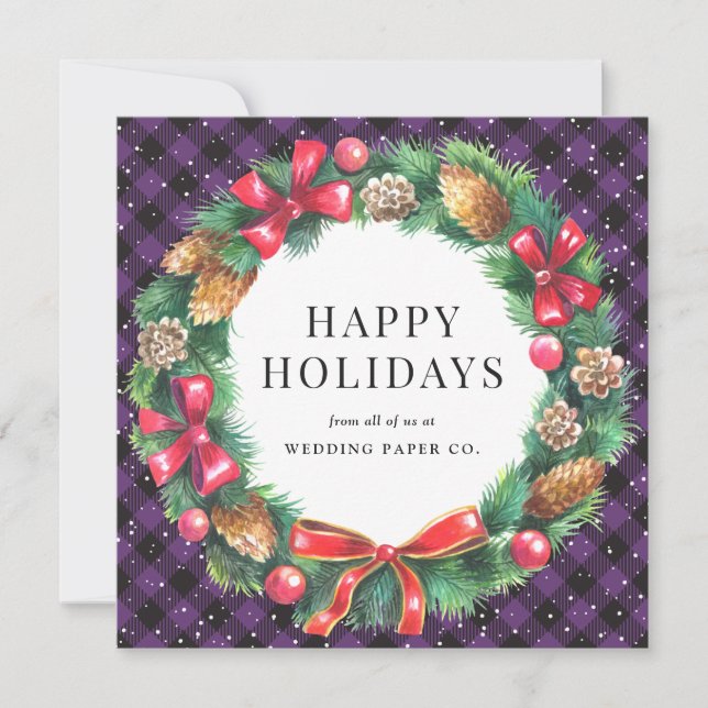 Purple Buffalo Plaid Christmas Wreath Business Holiday Card (Front)