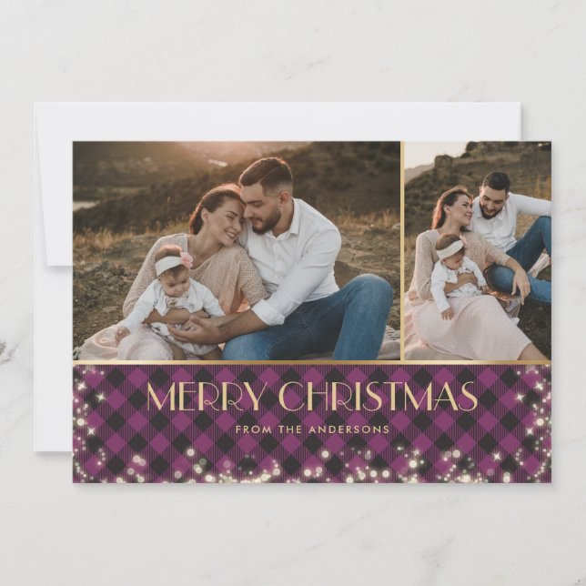 Purple Buffalo Plaid Gold Photo Christmas Holiday Card (Front)