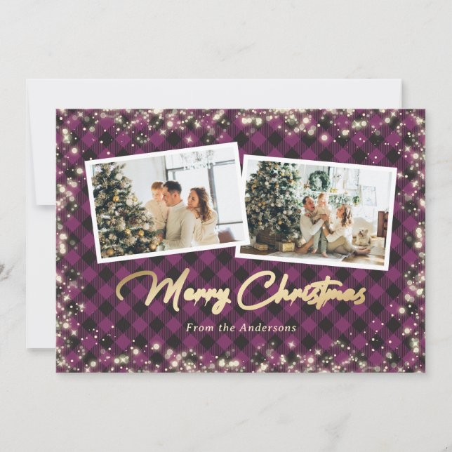 Purple Buffalo Plaid Gold Photo Christmas Holiday Card (Front)