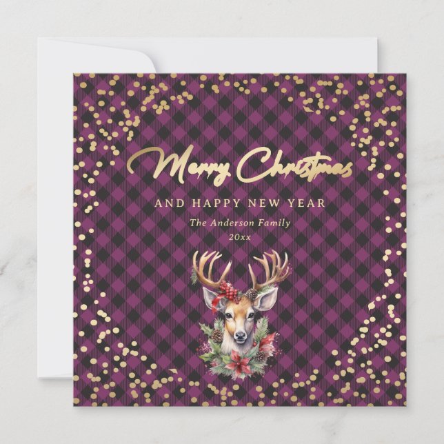 Purple Buffalo Plaid Gold Reindeer Snow Christmas Holiday Card (Front)