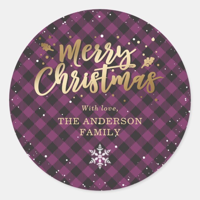 Purple Buffalo Plaid Gold Snow Christmas Classic Round Sticker (Front)