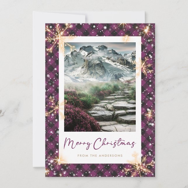 Purple Buffalo Plaid Mountain Christmas Cards (Front)