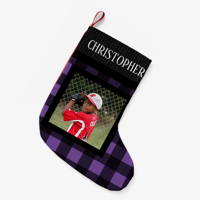 Purple Buffalo Plaid Personalised Name Photo Small Christmas Stocking (Front (Hanging))