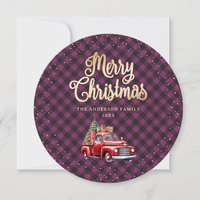 Purple Buffalo Plaid Red Truck Christmas Cards (Front)