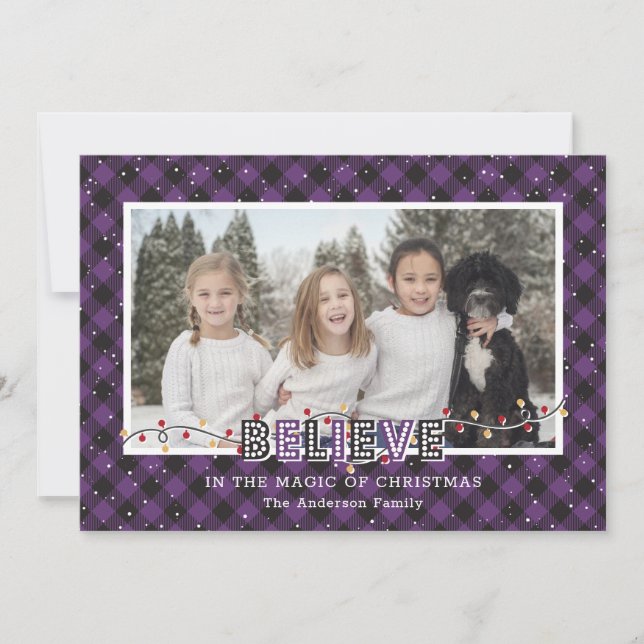 Purple Buffalo Plaid Snow Believe Photo Holiday Card (Front)