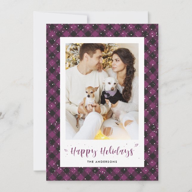 Purple Buffalo Plaid Snow Photo Holiday Cards (Front)