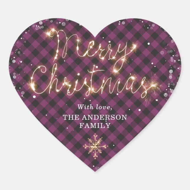 Purple Buffalo Plaid Snow Sparkly Merry Christmas Heart Sticker (Front)