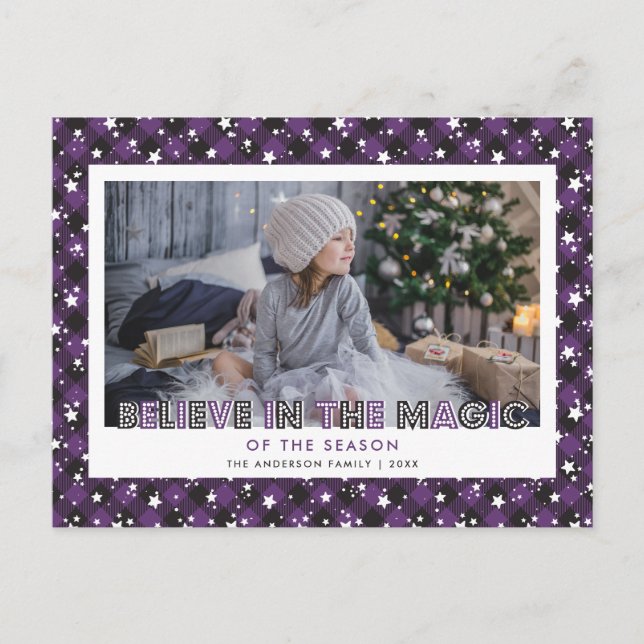 Purple Buffalo Plaid Snow Stars Believe Photo Holiday Postcard (Front)