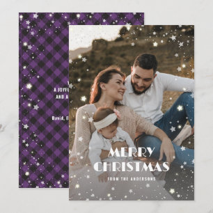 Purple Buffalo Plaid Snow Stars Photo Christmas Holiday Card