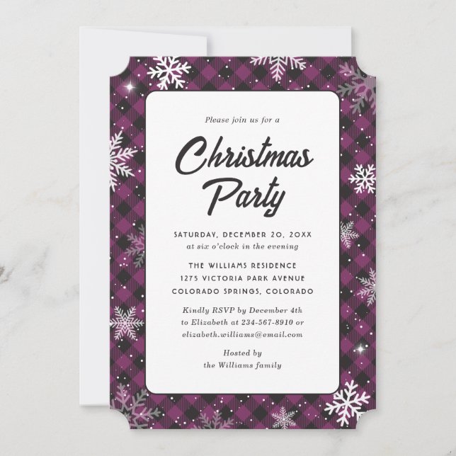 Purple Buffalo Plaid Snowflake Christmas Party Invitation (Front)