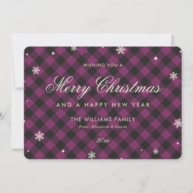 Purple Buffalo Plaid Snowflake Holiday Card (Front)