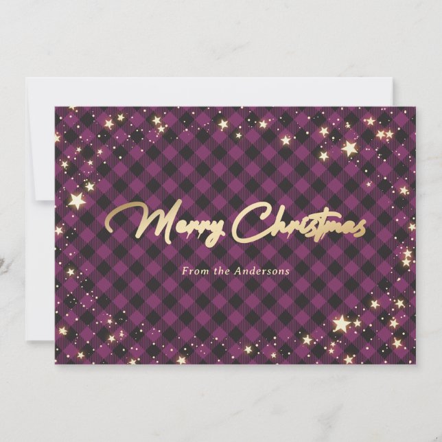Purple Buffalo Plaid Stars Christmas Cards (Front)