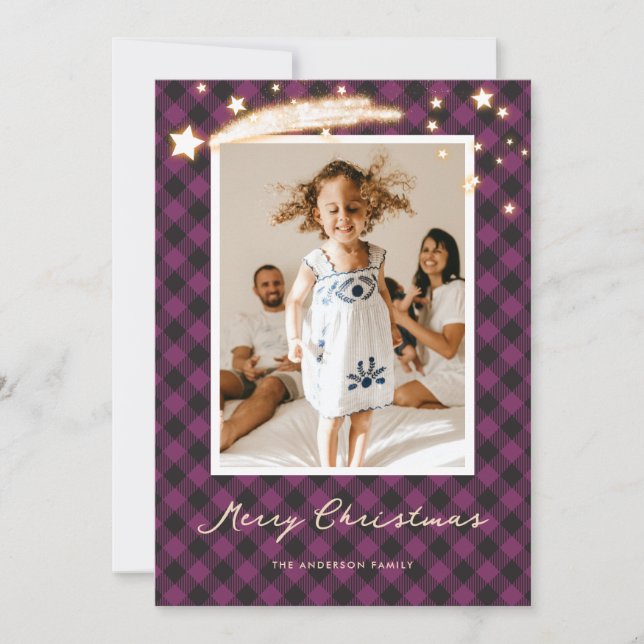Purple Buffalo Plaid Stars Photo Christmas Cards (Front)
