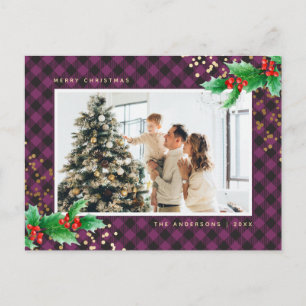 Purple Buffalo Plaid Watercolor Photo Christmas Holiday Postcard