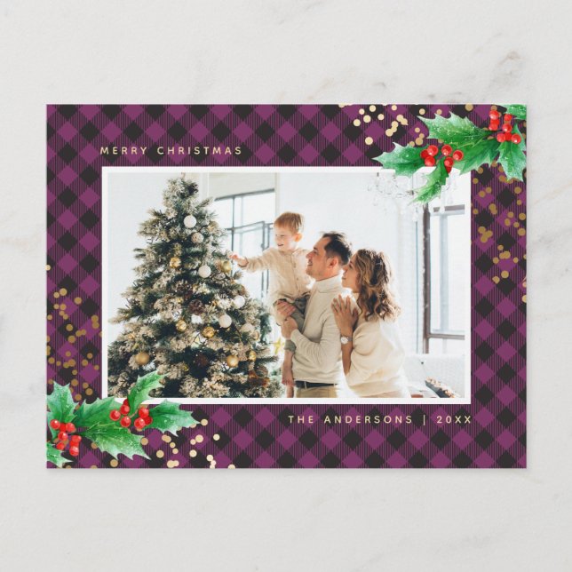 Purple Buffalo Plaid Watercolor Photo Christmas Holiday Postcard (Front)