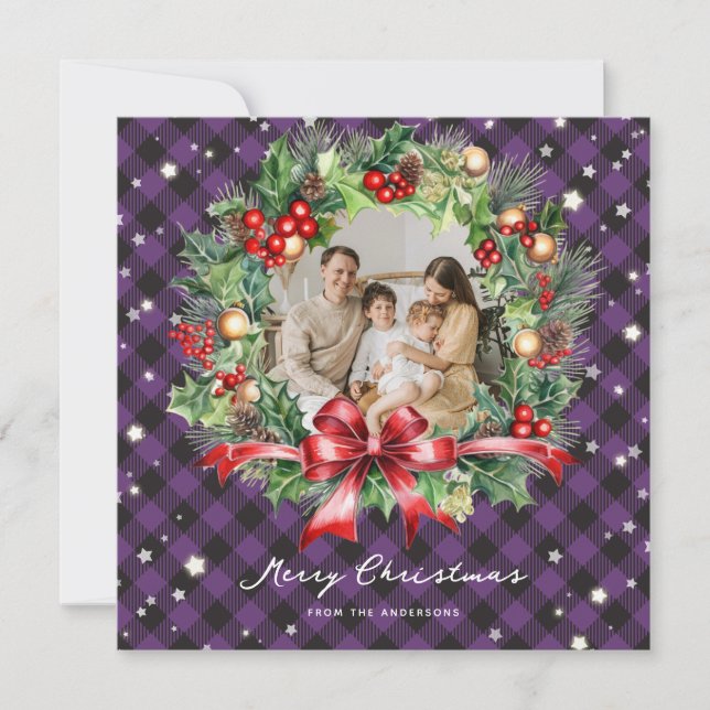 Purple Buffalo Plaid Wreath Stars Photo Christmas Holiday Card (Front)