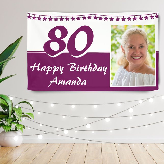 Purple Bunting Star Photo 80th Birthday Party Banner (Creator Uploaded)