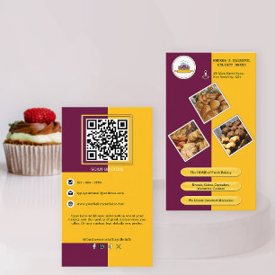 Purple Burgundy and Yellow Bakery QR Code Branding Business Card