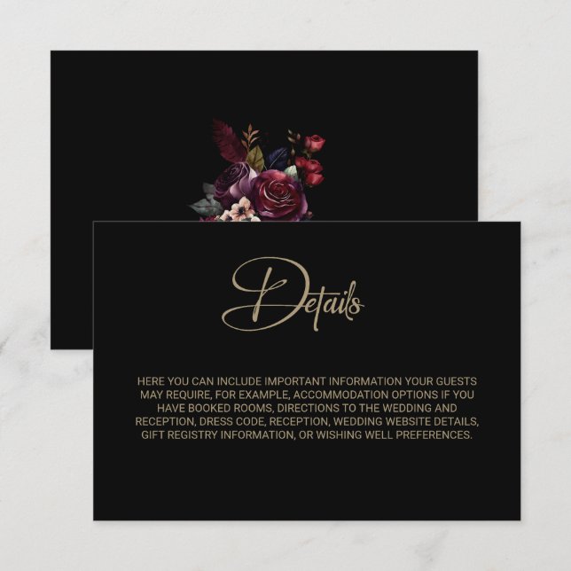 Purple Burgundy Black Floral Wedding Details Enclosure Card (Front/Back)