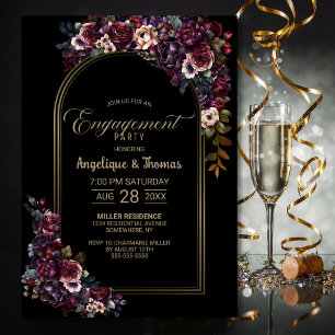 Purple Burgundy Floral Arch Black Engagement Party Invitation