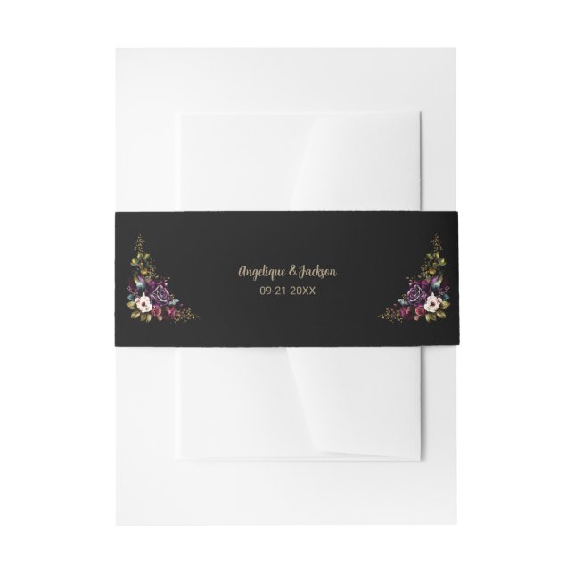 Purple Burgundy Floral Black Wedding Invitation Belly Band (Front Example)