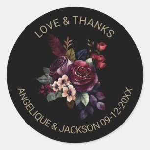 Purple Burgundy Floral Black Wedding Thank You Classic Round Sticker