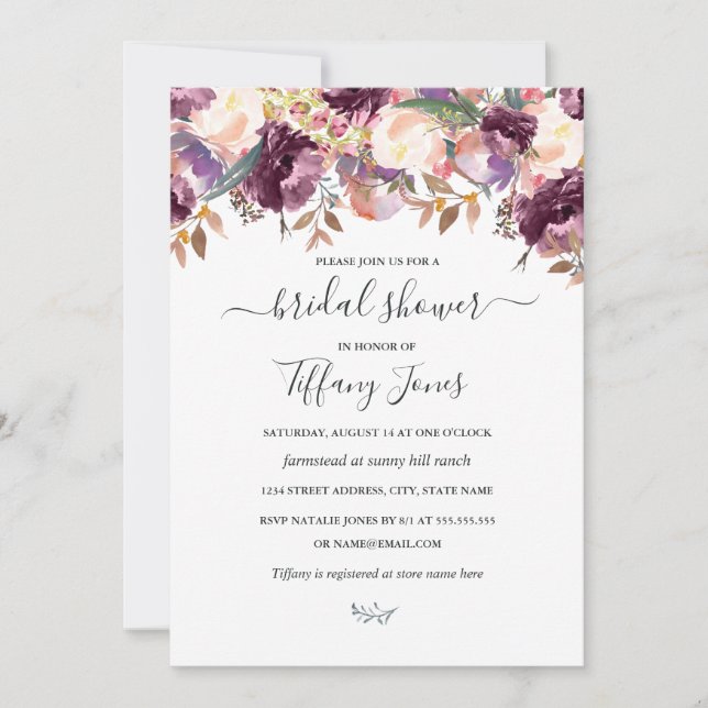 Purple Burgundy Floral Bloom Bridal Shower Invitation (Front)