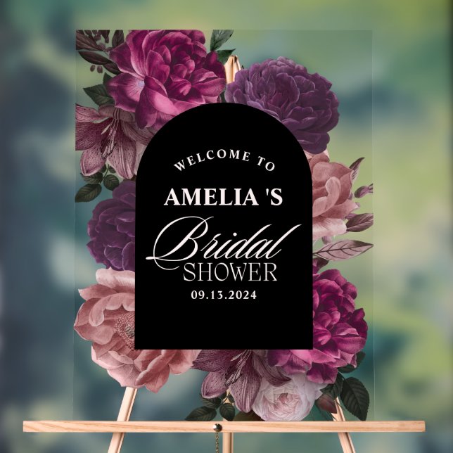 Purple burgundy floral Bridal shower Welcome  Acrylic Sign (Neutral)