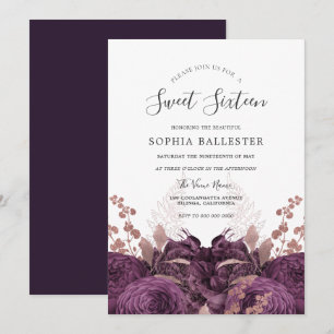Purple Burgundy Floral Elegant Sweet 16 Party Invitation