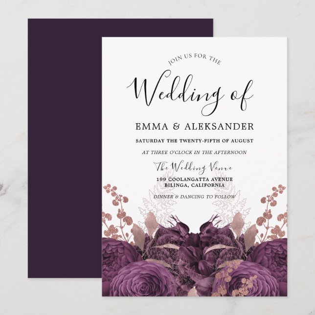 Purple Burgundy Floral Elegant Wedding Invitation (Front/Back)