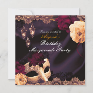 Purple & Burgundy Floral & Lace Masquerade Party Invitation