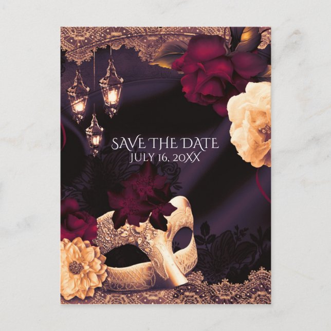 Purple & Burgundy Floral Masquerade Save the Date Announcement Postcard (Front)