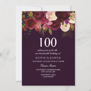 Purple Burgundy Flower 100th Birthday Party Invite