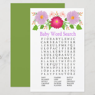 Purple burgundy flowers Baby Shower Word Search