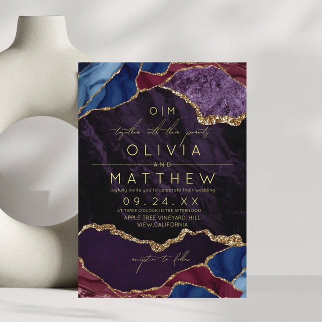 Purple, Burgundy & Gold Agate Wedding Invitation (Creator Uploaded)