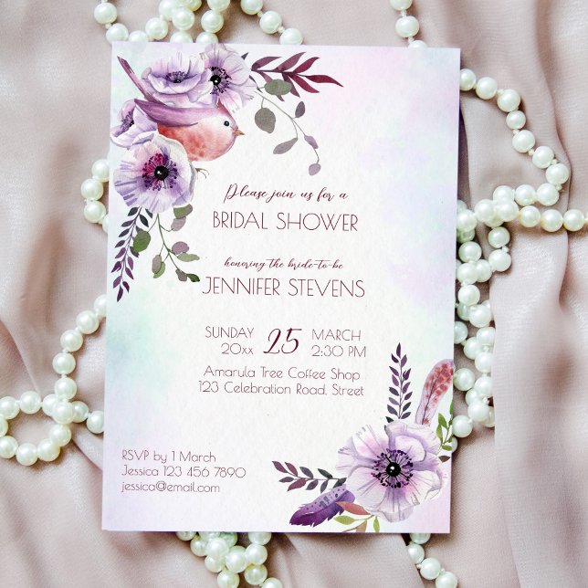 Purple burgundy lilac flowers with bird feathers i invitation (Creator Uploaded)