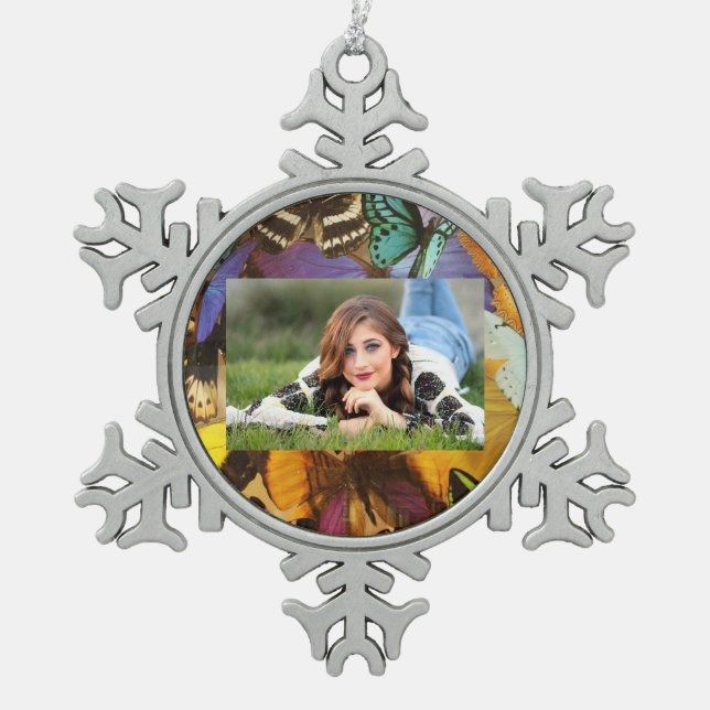 purple burgundy orange colourful tropical butterfl snowflake pewter christmas ornament (Front)