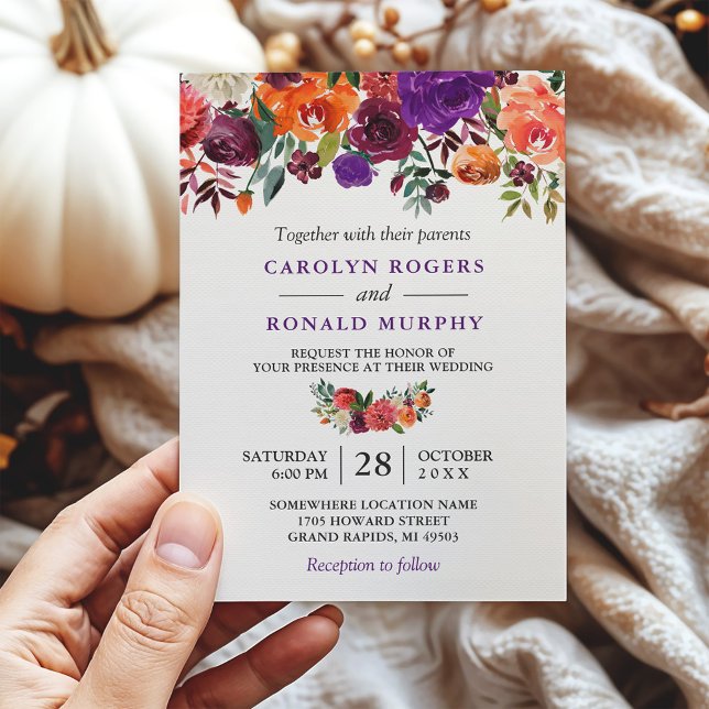 Purple Burgundy Orange Floral Vineyard Wedding Invitation (Creator Uploaded)