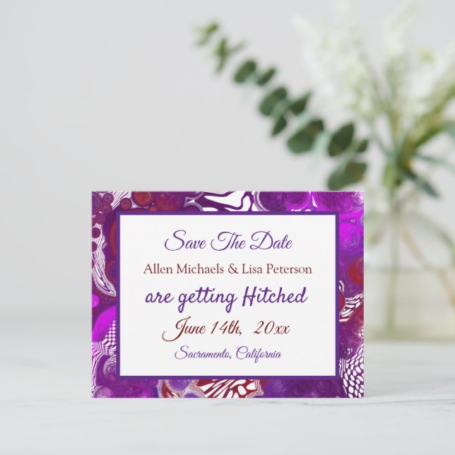 Purple Burgundy Pour Paint.Wedding Save the Date Postcard (Standing Front)