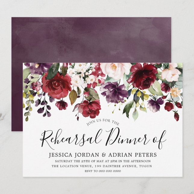 Purple Burgundy Red Blush Floral Rehearsal Dinner Invitation (Front/Back)