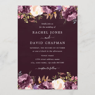 Purple Burgundy Watercolor Floral Bloom Wedding Invitation