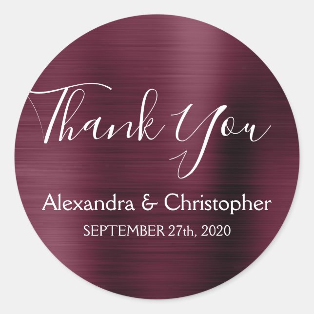 Purple Burgundy Wedding Favour Thank You Classic Round Sticker (Front)
