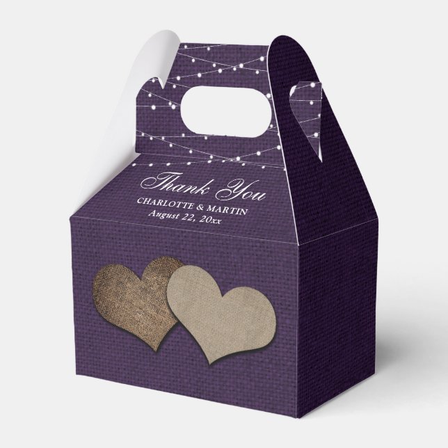 Purple Burlap Heart Wedding Thank You Favour Box (Front Side)