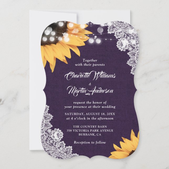 Purple Burlap Lace Sunflower Wedding Invitations (Front)