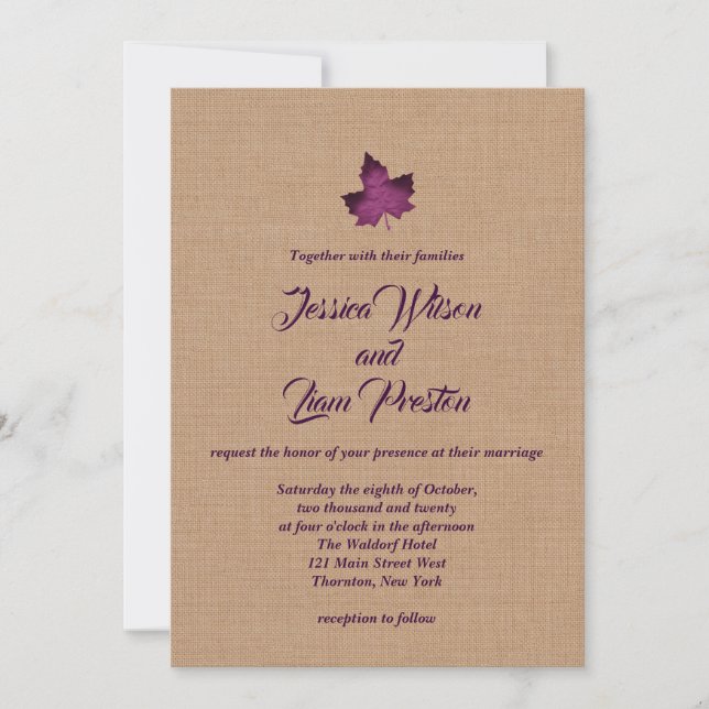 Purple Burlap Maple Leaf Wedding Invitation (Front)