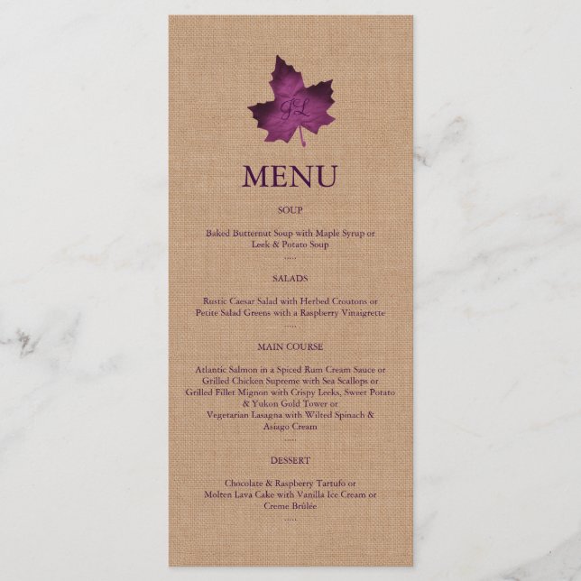 Purple Burlap Monogrammed Menu (Front)